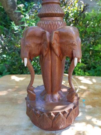 Image 2 of Vintage solid teak carved trio of elephants lamp base