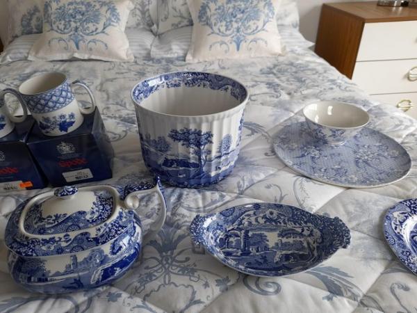 Image 3 of Spode plates, mugs, serving dish, planter, tea pot, bowl.