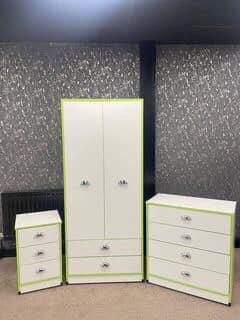 Preview of the first image of NOVA WHITE SET WITH GREEN TRIM 2 DRAWER WARDROBE.