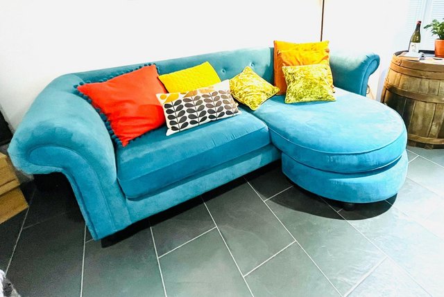 Image 2 of DFS Teal Velvet 4-Seater Chaise Sofa