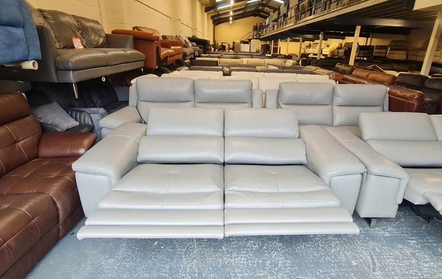 Image 2 of Italian Lucio grey leather electric pair of 3 seater sofas
