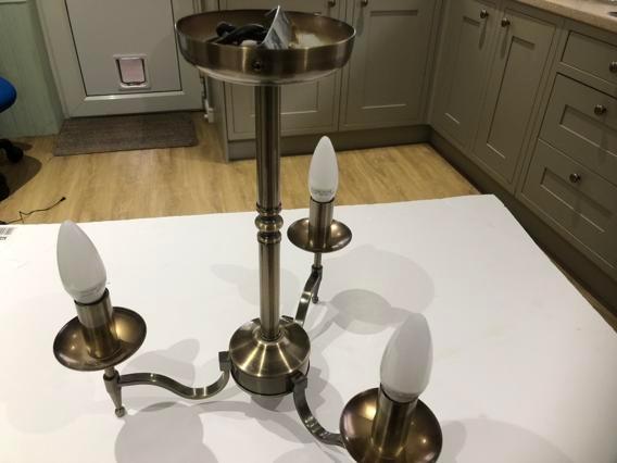 Image 2 of BRASS EFFECT CHANDELIER, 3 LIGHT, USED, EXCELLENT UNMARKED C