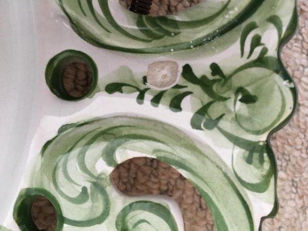 Image 3 of Hand-painted green/white Vestal Portugal wall plate + hanger