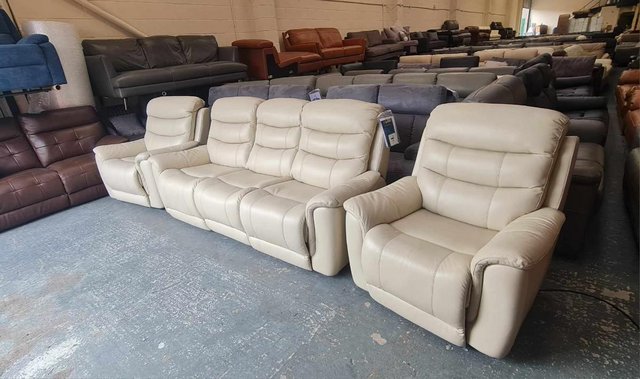 Image 2 of La-z-boy cream leather 3 seater sofa and 2 armchairs