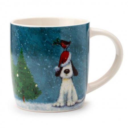 Image 1 of Christmas Porcelain Mug - Jan Pashley Christmas Dog & Robin.