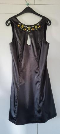 Image 2 of Size UK 8 Black satin dress with gem neck detailing
