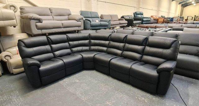 Preview of the first image of La-z-boy Staten black leather electric recliner corner sofa.