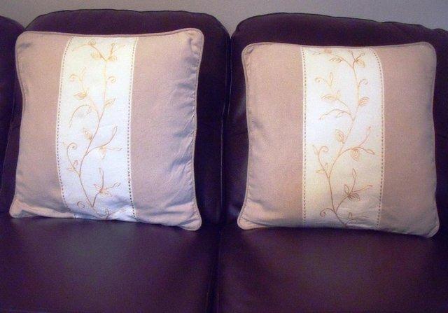 Preview of the first image of 2 x cotton taupe/cream embroidered panel cushion covers.
