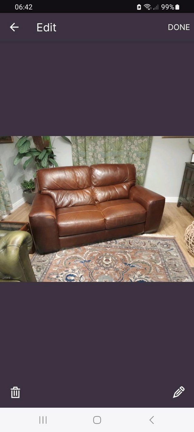Preview of the first image of Brown Leather 3 Seater Sofa.