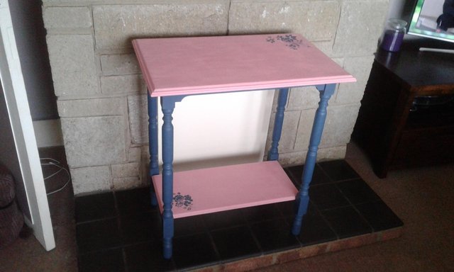 Image 2 of Pretty upcycled side table/ pink and blue