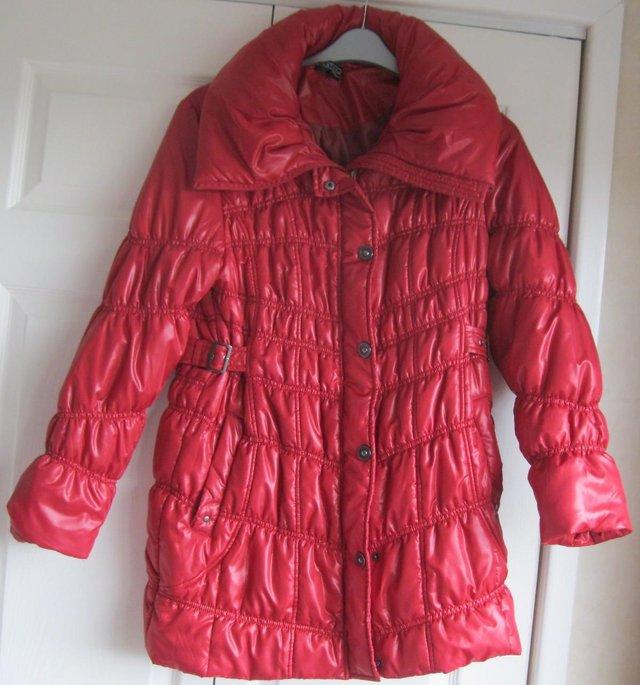 Preview of the first image of Deep Red quilted Coat with shine, size 12.