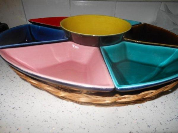 Image 1 of Lazy Susan Serving Ceramic Dishes on Tray Italian 1980s