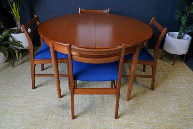 Preview of the first image of Mid C 1970s Teak Dining Set D-end Table 4 Barback Chairs.