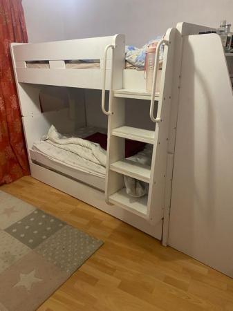 Image 1 of White Wooden Bunk Bed & Desk &Trundle for Guests/storage -