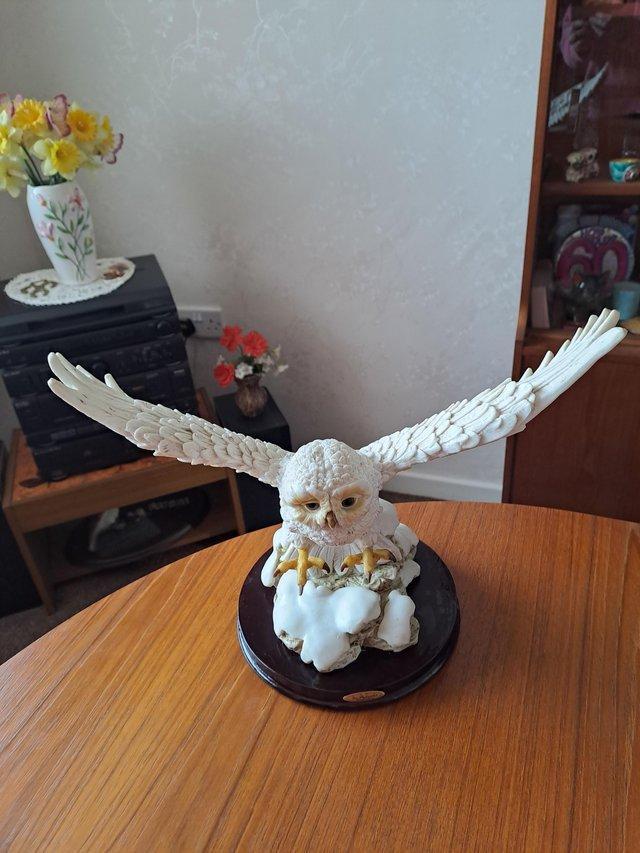 Preview of the first image of Owl Ornament In Flight on a wood Base.