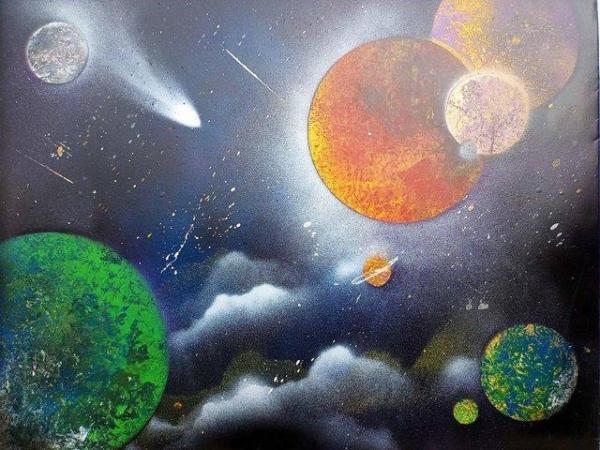 Image 2 of THE GREEN PLANET OUTER SPACE ENAMEL ART PAINTING