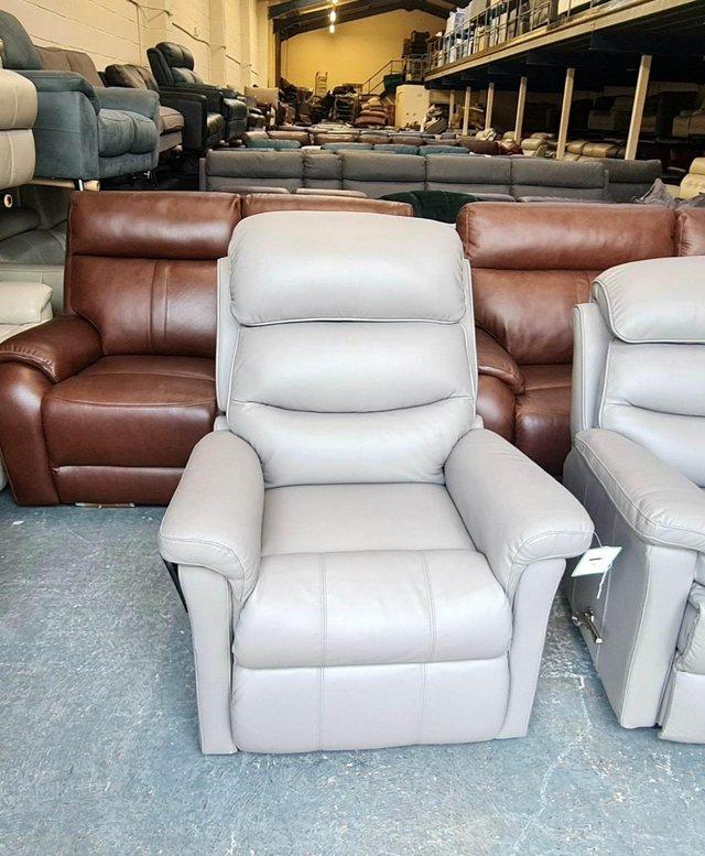 Preview of the first image of La-z-boy Tulsa grey leather Rise and Lift electric armchair.