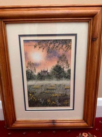 Image 1 of Framed Pastel-Sunset over Meadows for sale.