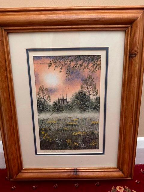 Preview of the first image of Framed Pastel-Sunset over Meadows for sale..