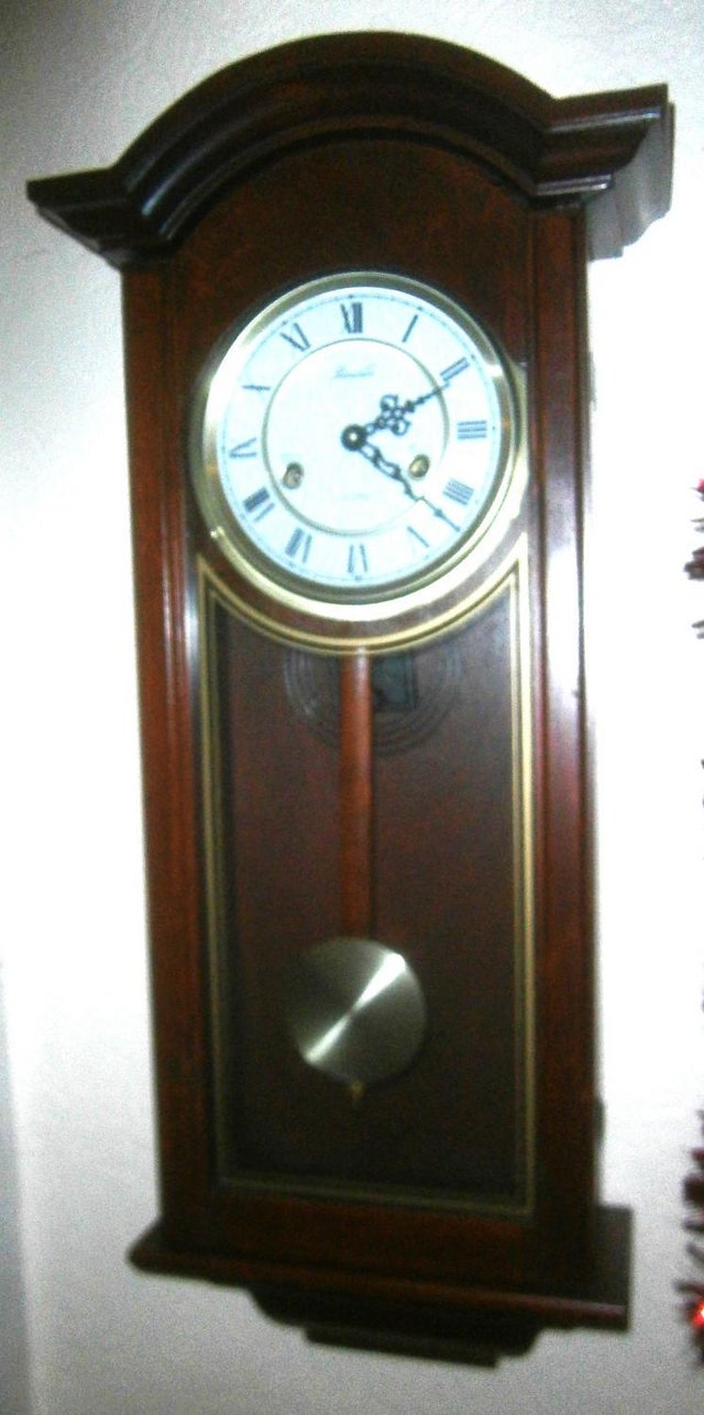 Preview of the first image of Vintage Lincoln 31 Day Chiming Wall Clock  mahogany, working.
