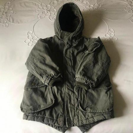 Image 2 of Coat/jacket army green, faux fur lining, hood, badges. 4 yrs