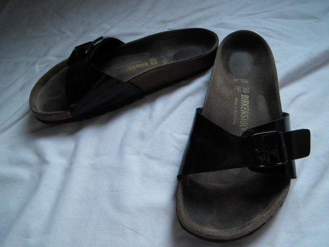 Preview of the first image of Birkenstock Birkis black patent Madrid sandals UK 5.5.