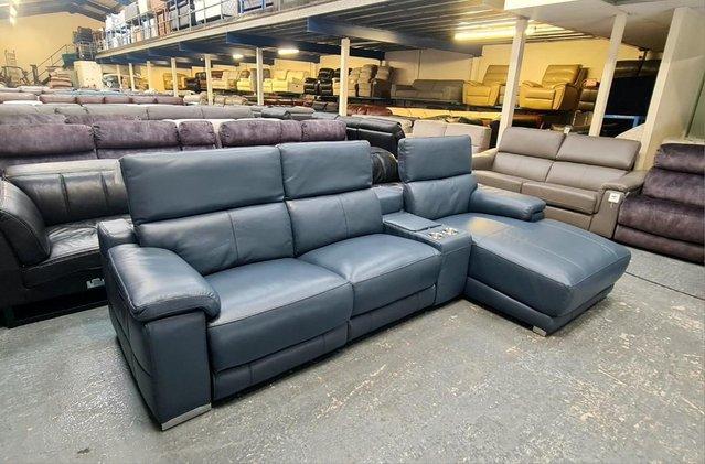 Image 12 of Laurence Smoke blue leather electric recliner chaise sofa