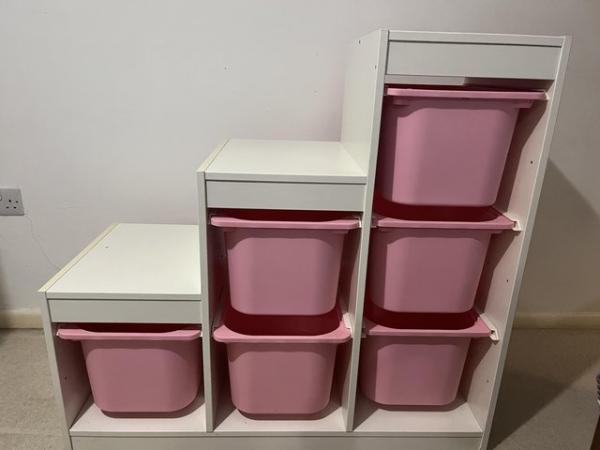 Image 3 of IKEA storage unit, white with pink boxes