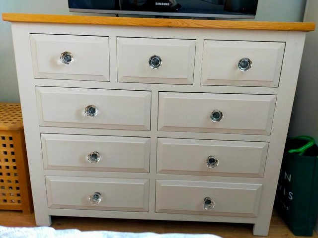 Preview of the first image of 8 drawer Oak Chest of drawers, finished in light cream.
