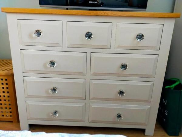 Image 1 of 8 drawer Oak Chest of drawers, finished in light cream