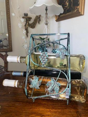 Image 3 of Lovely Vintage Green Iron And Wicker 3 Bottle Wine Rack Ho