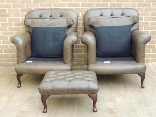Image 13 of Pair of Cockburn Chesterfield Armchairs + Footstool (UK Deli