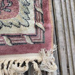 Preview of the first image of Lovely large vintage silk style fringed rug beautiful design.