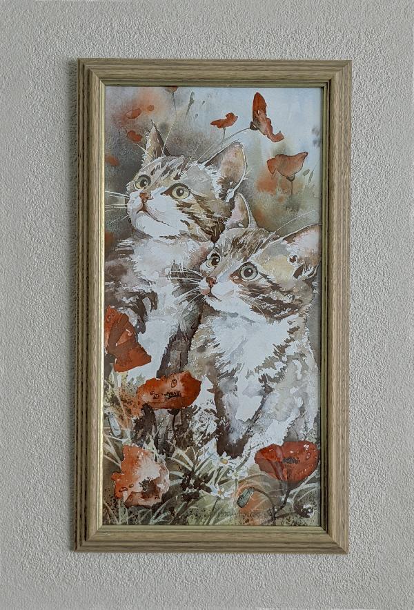 Preview of the first image of Vintage Signed Print Of Kittens In A Field Of Poppies.