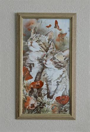Image 1 of Vintage Signed Print Of Kittens In A Field Of Poppies