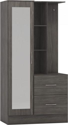 Preview of the first image of NEVADA MIRRORED OPEN SHELF WARDROBE IN BLACK WOOD GRAIN.
