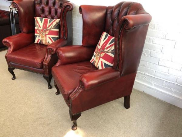 Image 4 of Pair vintage Oxblood Queen Anne chesterfield armchairs.