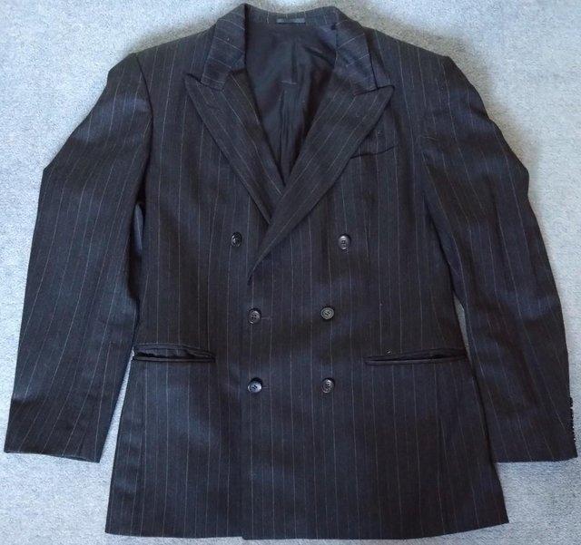 Preview of the first image of Pierre Cardin black striped double-breasted suit wool jacket.