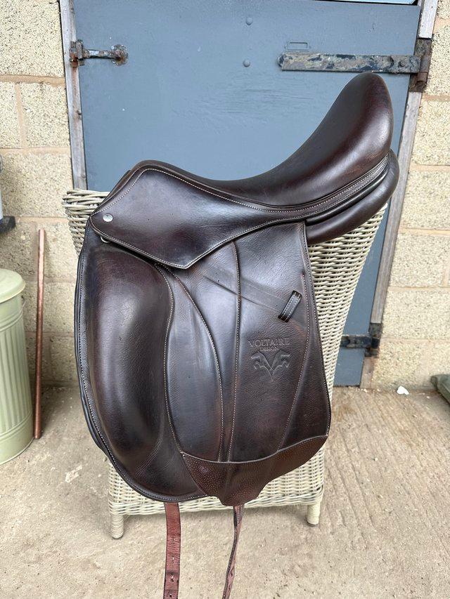 Preview of the first image of Voltaire Adelaide Dressage saddle 2022 17.5” dark brown.