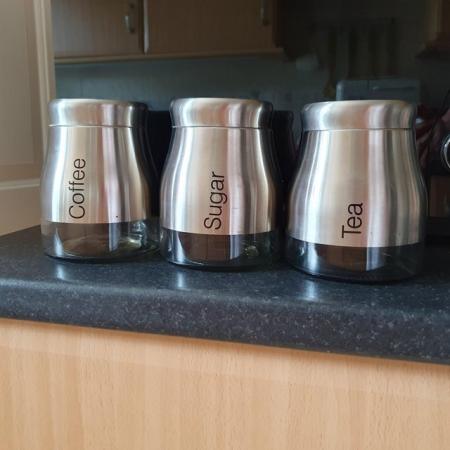 Image 1 of Tea, Coffee & Sugar canisters. Glass & S/steel