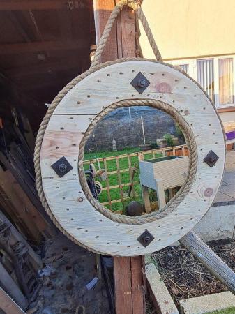 Image 2 of Rustic round wooden hanging mirror