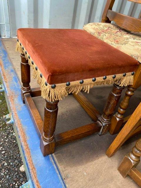 Preview of the first image of Vintage solid oak wine velvet upholstered foot stool.