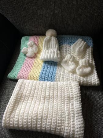 Image 1 of Handmade baby gift set blankets bootees hat and mittens