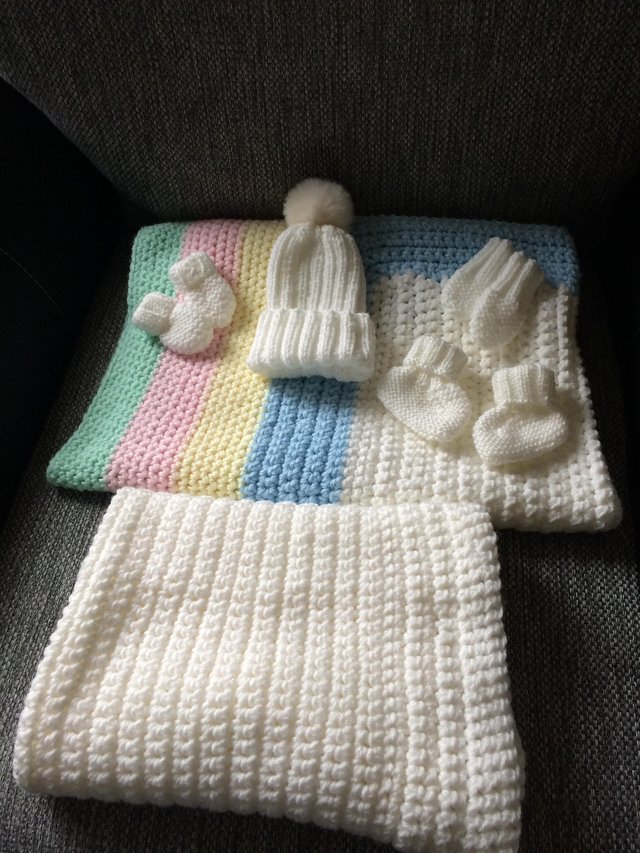 Preview of the first image of Handmade baby gift set blankets bootees hat and mittens.