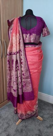 Image 2 of Coral pink and purple with gold embroidery design saree