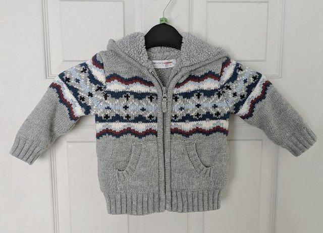 Preview of the first image of Boys Grey Hooded Fleece Cardigan By Minoti - Age 12/18M.