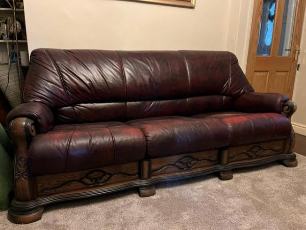 Image 3 of FREE 3 seater sofa and chair -brown leather wood surround