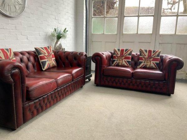 Image 6 of Oxblood SAXON 3 seater Chesterfield sofa. 2 seater availabl.