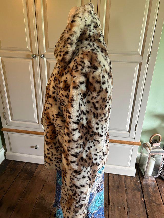 Preview of the first image of Faux fur leopard jacket size large.