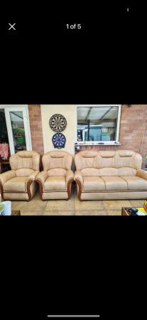 Image 1 of White Leather 3 Seater Sofa & 2 Arm Chairs